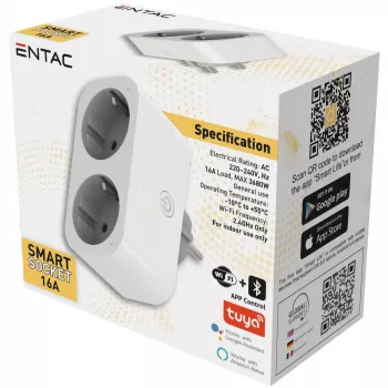 ENTAC Smart WiFi dvojitý adaptér do zásuvky ES-DSA-WIBLE, bílý, 2 zásuvky, 3680W