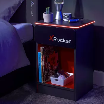 Herní noční stolek X Rocker s RGB LED osvětlením, šedý/červený