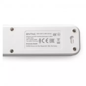 ENTAC prodlužovací přívod 4 zásuvky s 1x USB-A & 1x USB-C, 1,5m bílý