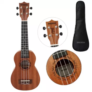 MOZOS GECKO Soprano Ukulele Set - Natural Wood, 12 Frets, Nylon Strings, Includes Gig Bag, Tuner, Picks, Strap, Spare Strings, Cleaning Cloth