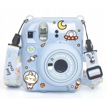 LOVEINSTANT ochranné pouzdro pro Fujifilm Instax Mini 12 - Escape From Earth, modrý třpyt se samolepkami a kapsou na fotografie