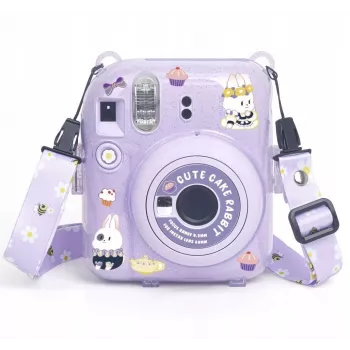 LOVEINSTANT ochranné pouzdro pro Fujifilm Instax Mini 12 - design Sweet Rabbit, fialový třpyt, se samolepkami a kapsou na fotografie
