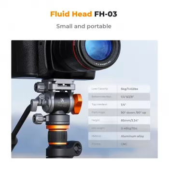 Fluidní videohlavice K&F Concept FH-03, nosnost 5 kg, Arca-Swiss, 1/4 inch-20 & 3/8 inch-16, černá