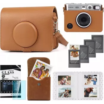 LOVEINSTANT 5v1 sada: ochranné pouzdro + tvrzené sklo + fotoalbum na 64 fotografií + pouzdro na fotografie + rámečky pro Fuji Instax Mini Evo / hnědá