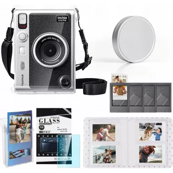 LOVEINSTANT 6v1 sada: průhledné tvrdé pouzdro + tvrzené sklo na displej + fotoalbum na 64 fotografií + krytka objektivu + fotorámečky + ramenní popruh pro Fujifilm Instax Mini Evo