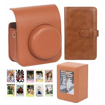 Sada LOVEINSTANT 4v1: pouzdro na fotoaparát, fotoalbum, úložná krabice, samolepky pro Fuji Instax Mini 41 - hnědá