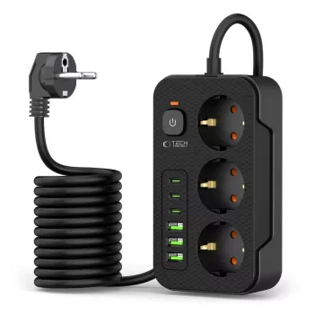 TECH-PROTECT PC3X6 napájecí zásuvka 3 USB & 3 Type-C & 3 zásuvky 200 cm černá
