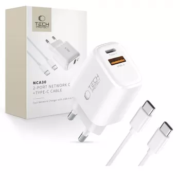 TECH-PROTECT NCA30 2portová síťová nabíječka PD 30W / QC3.0 + Type-C kabel bílá