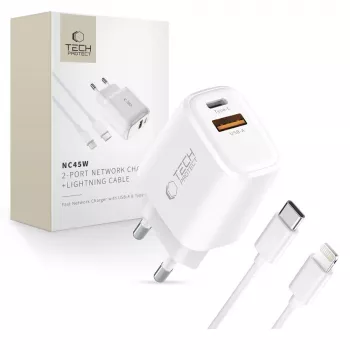TECH-PROTECT NCA45W-GAN 2portová síťová nabíječka PD 45W / QC3.0 + Lightning kabel bílá