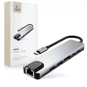 Hub adaptér TECH-PROTECT HB02 6v1 USB-C + USB 2.0 + USB 3.0 + HDMI 4K 30Hz + RJ45 + PD 100W, Space Grey
