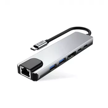 Hub adaptér TECH-PROTECT HB02 6v1 USB-C + USB 2.0 + USB 3.0 + HDMI 4K 30Hz + RJ45 + PD 100W, Space Grey