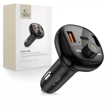 TECH-PROTECT CC06 3portová autonabíječka PD 72W + FM vysílač Bluetooth černá