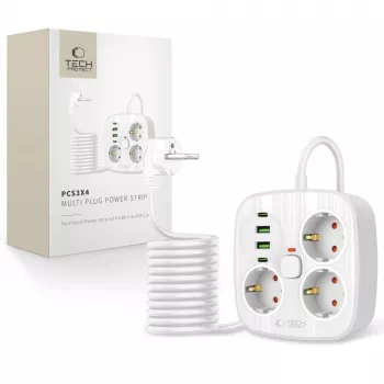 TECH-PROTECT PCS3X4 prodlužovací zásuvkový blok 2 USB & 2 Type-C & 3 zásuvky 200cm bílý
