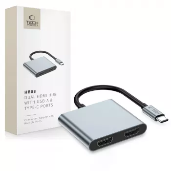 Hub adaptér TECH-PROTECT HB08 4v1 USB-C + USB 2.0 + 2x HDMI 4K 60Hz, Space Grey