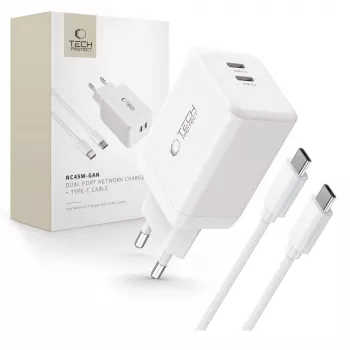 Síťová nabíječka TECH-PROTECT NC45W-GAN 2portová PD 45W + kabel Type-C, bílá