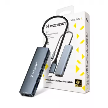 WOZINSKY WHBC10Y4S USB-C hub 6-in-1 multifunkční hliníkový s 15 cm kabelem - šedý
