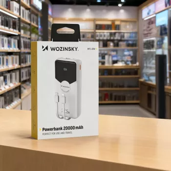 Powerbanka Wozinsky WFC-15W 20000mAh 22.5W PD20W s vestavěnými kabely Lightning a USB-C – bílá