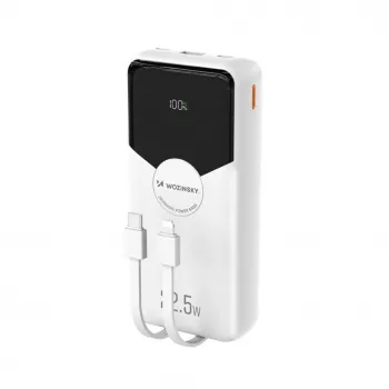 Powerbanka Wozinsky WFC-15W 20000mAh 22.5W PD20W s vestavěnými kabely Lightning a USB-C – bílá