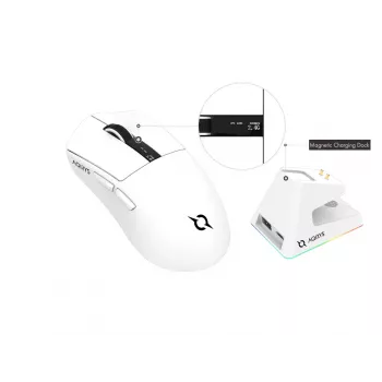 AQIRYS Zephyr bezdrátová herní myš, 2,4 GHz + Bluetooth, 26000 DPI, bílá
