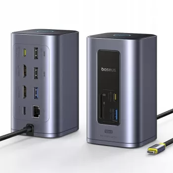 Baseus Air Spacemate 12-in-1 USB-C hub, 2x HDMI 4K@60Hz, 2x USB-C 10Gbps, 2x USB-A 5Gbps, 2x USB-A 480Mbps, RJ45, SD/microSD, USB-C PD, šedá