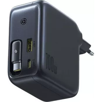 Baseus EnerCore CJ11 100W GaN síťový adaptér se zatahovacím kabelem USB-C, 2 porty USB-C a 1 port USB-A, černý