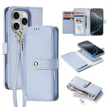 DUXDUCIS Lawa kožené pouzdro pro iPhone 16 Pro Max s odnímatelnou magnetickou peněženkou - modré