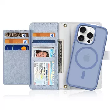 DUXDUCIS Lawa kožené pouzdro pro iPhone 16 Pro Max s odnímatelnou magnetickou peněženkou - modré