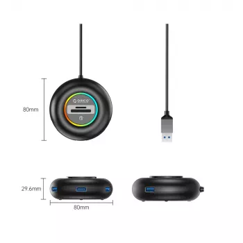 ORICO YXR4 RGB 4portový USB-A 3.0 hub s čtečkou SD a MicroSD karet, 1,8m kabel, černá