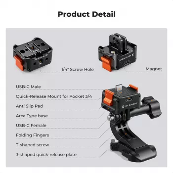 KF rychloupínací adaptér s nabíjením USB-C pro DJI Osmo Pocket 3/4, držák GoPro, závit 1/4