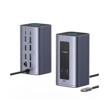 Baseus Nomos NU1 Air Spacemate 12v1 USB-C dokovací stanice, 2x HDMI 4K@60Hz, 2x DP 4K@60Hz, 2x USB-C, 2x USB-A 5Gbps, 2x USB-A 2.0, RJ45 Gigabit Ethernet, šedá