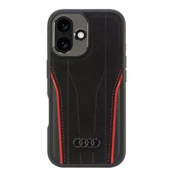 Audi pevné pouzdro z pravé kůže MagSafe pro iPhone 16 černo-červené