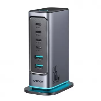 Joyroom JR-TCM02 GaN 65W multi-port nabíječka 4x USB-C 2x USB-A EU zástrčka tmavě šedá