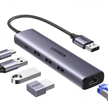 UGREEN 5v1 USB-A hub na 3x USB 3.0 + RJ45 + USB-C (stříbrný)