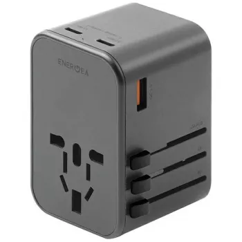 ENERGEA Travelworld adaptér GaN65W 65W 1xUSB-A 2xUSB-C PD PPS QC 3.0 vyměnitelné zástrčky US/EU/UK gunmetal šedá