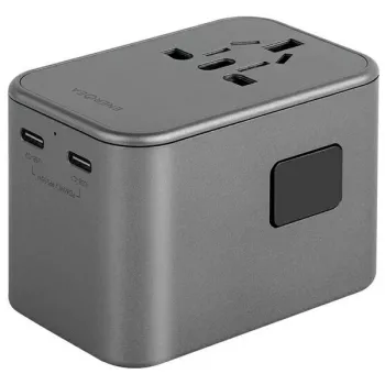 ENERGEA Travelworld adaptér GaN65W 65W 1xUSB-A 2xUSB-C PD PPS QC 3.0 vyměnitelné zástrčky US/EU/UK gunmetal šedá