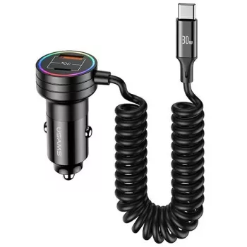 Autonabíječka USAMS 60W 2xUSB-C 1xUSB-A se spirálovým kabelem rychlonabíjení PD QC černá CC167CC01