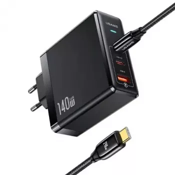USAMS T52PD140W 140W GaN síťová nabíječka s 240W USB-C kabelem, 2xUSB-C + 1xUSB-A, PD rychlonabíjení, černá (US-CC168 + US-SJ581) UM Series UMXLOGTC01