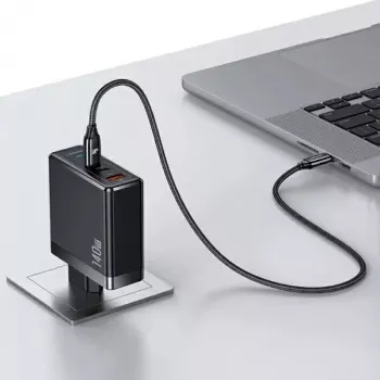 USAMS T52PD140W 140W GaN síťová nabíječka s 240W USB-C kabelem, 2xUSB-C + 1xUSB-A, PD rychlonabíjení, černá (US-CC168 + US-SJ581) UM Series UMXLOGTC01