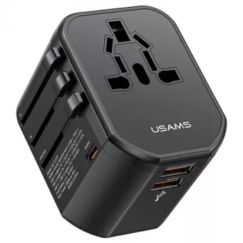 USAMS T59 20W univerzální cestovní nabíječka se 2 porty USB-A a 1 portem USB-C, černá, vyměnitelné zástrčky US/AU/EU/UK
