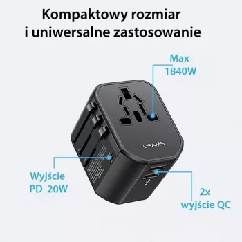 USAMS T59 20W univerzální cestovní nabíječka se 2 porty USB-A a 1 portem USB-C, černá, vyměnitelné zástrčky US/AU/EU/UK