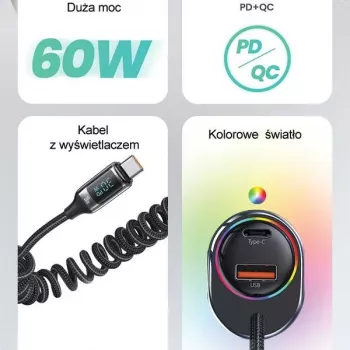Autonabíječka USAMS C37 1xUSB-A + 1xUSB-C 60W s kabelem USB-C na USB-C 30W PD+QC rychlonabíjení černá CC192CC01 (US-CC192)