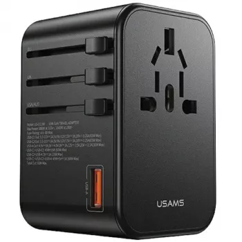 USAMS univerzální cestovní nabíječka 65W 1xUSB-A + 2xUSB-C T62 s vyměnitelnými zástrčkami US/AU/EU/UK černá CC199TC01 (US-CC199)
