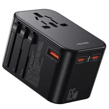 USAMS univerzální cestovní nabíječka 65W 1xUSB-A + 2xUSB-C T62 s vyměnitelnými zástrčkami US/AU/EU/UK černá CC199TC01 (US-CC199)