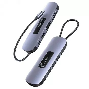 USAMS 10v1 USB-C hub adaptér 3x USB 3.0, SD/TF, HDMI, VGA, RJ45, PD 100W, šedý