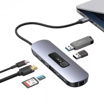 USAMS 10v1 USB-C hub adaptér 3x USB 3.0, SD/TF, HDMI, VGA, RJ45, PD 100W, šedý