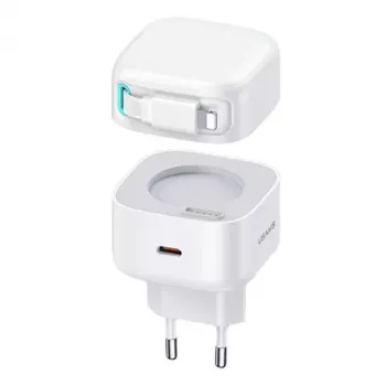 Rychlonabíječka USAMS XMF Series CC209TC02 GaN 35W s vytahovacím kabelem Lightning, bílá