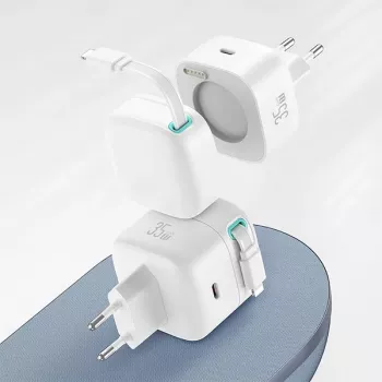 Rychlonabíječka USAMS XMF Series CC209TC02 GaN 35W s vytahovacím kabelem Lightning, bílá