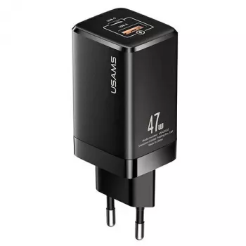 USAMS T41 GaN 47W USB-C+USB-A rychlonabíječka EU zástrčka černá