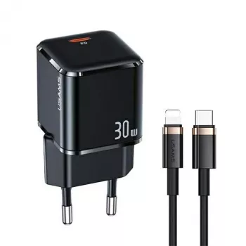 Rychlonabíječka USAMS T45 30W PD3.0 USB-C s kabelem U63 USB-C na Lightning, černá, UXTZH01