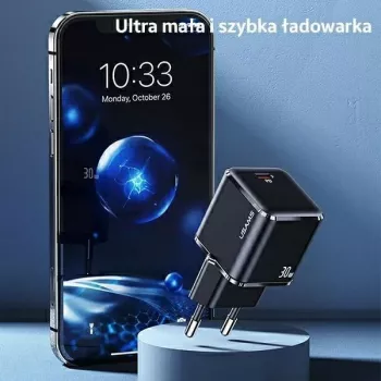 Rychlonabíječka USAMS T45 30W PD3.0 USB-C s kabelem U63 USB-C na Lightning, černá, UXTZH01